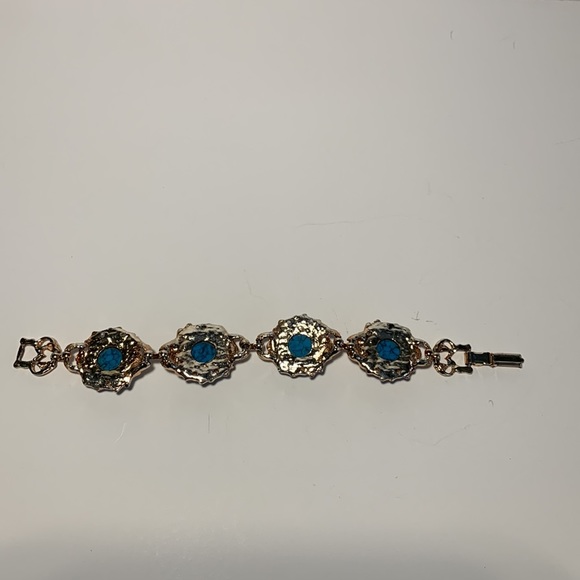Faux Turquoise Link Bracelet Gold Tone Fold Over Clasp 7โ Bronze/Gold Tone VTG - Picture 5 of 13